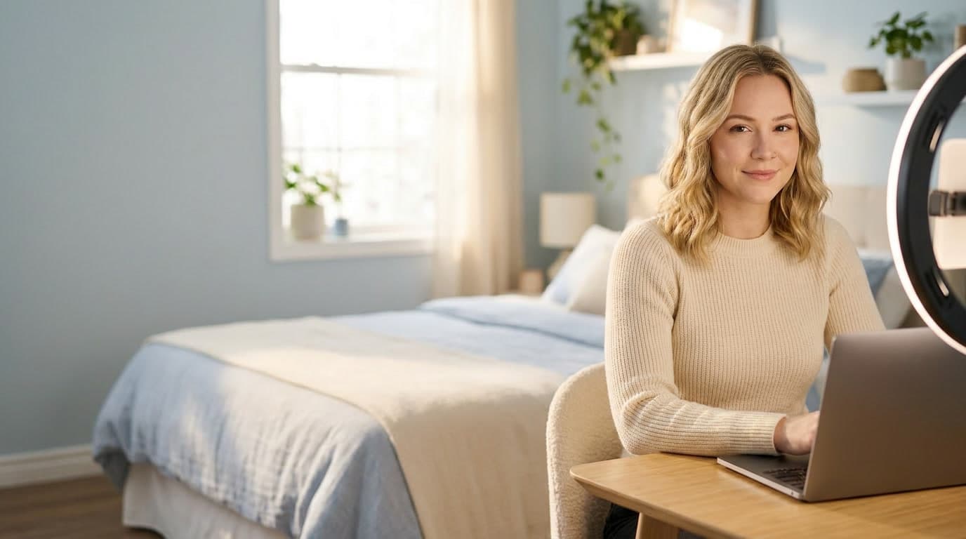 A solo content creator working at home, logging a new post on a laptop