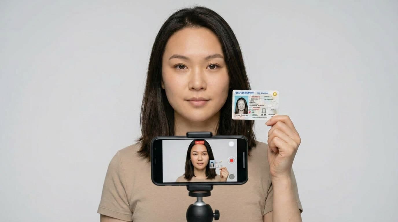 A performer holds a government ID to the camera during a video identity check