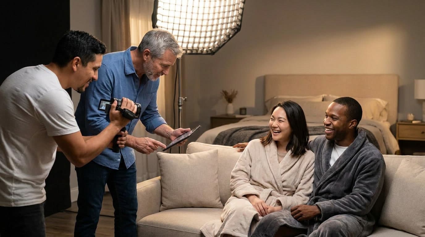 A film crew on a studio set during a production