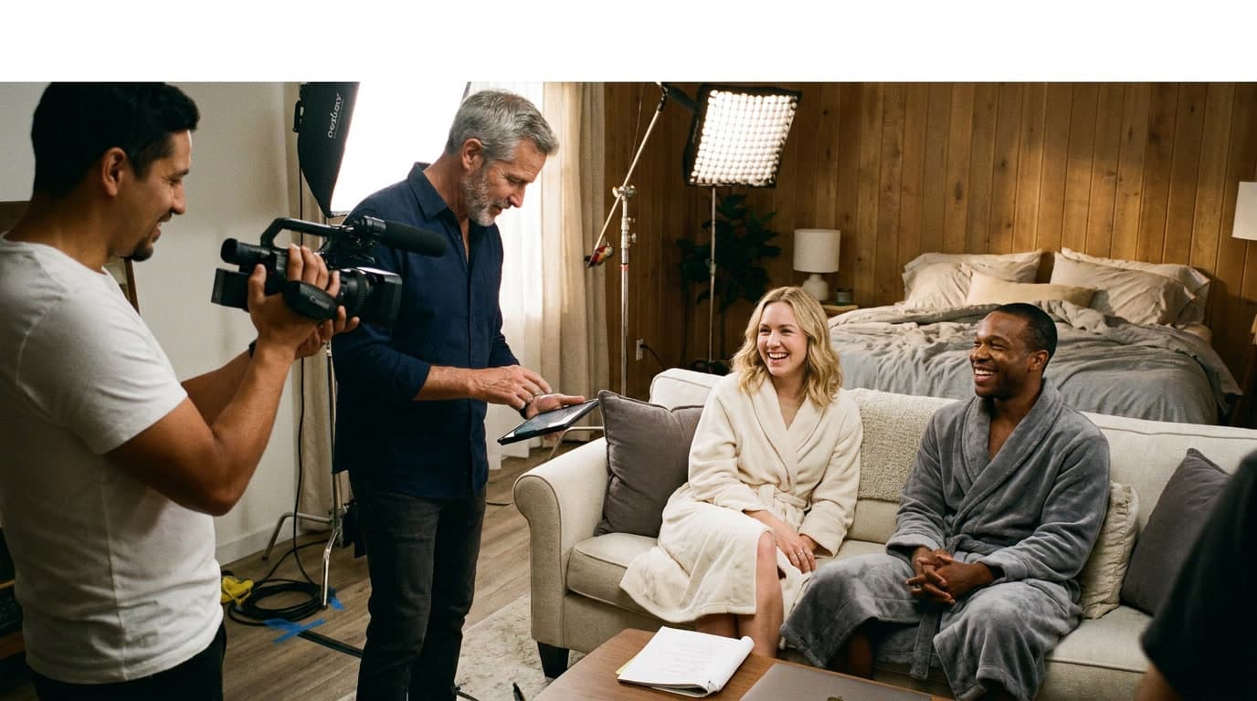 A studio crew running a multi-performer shoot on set